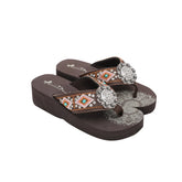 Mandala Silver Floral Rhinestones Concho Embroidered Wedge Flip-Flop - Montana West World